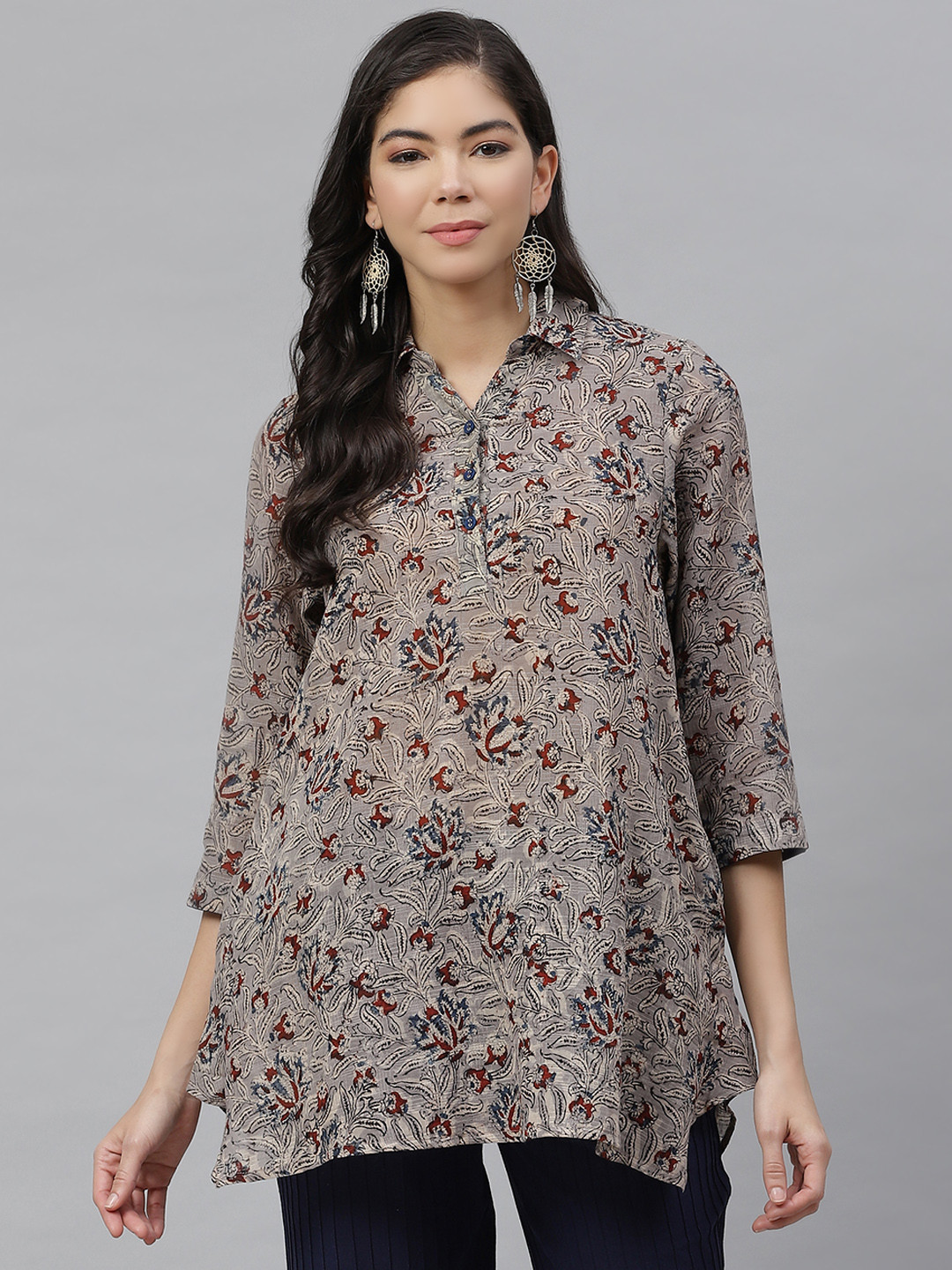 

Fabindia Grey & Maroon Shirt Collar Kalamkari Printed Tunic