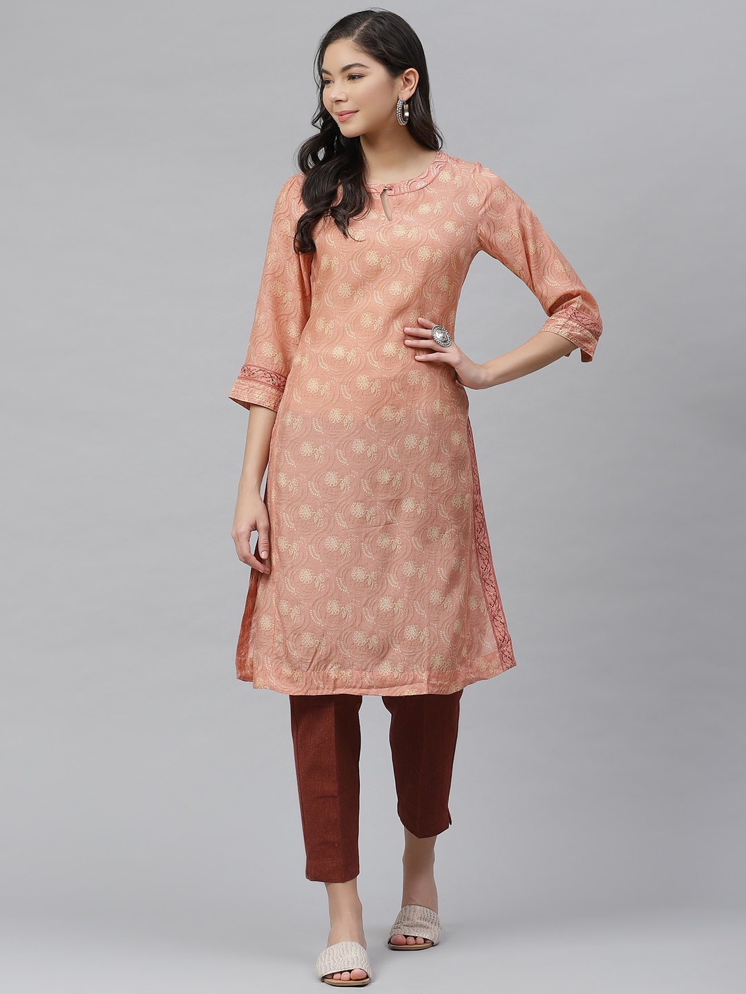 

Fabindia Women Peach & Beige Ethnic Motifs Printed Keyhole Neck Kurta