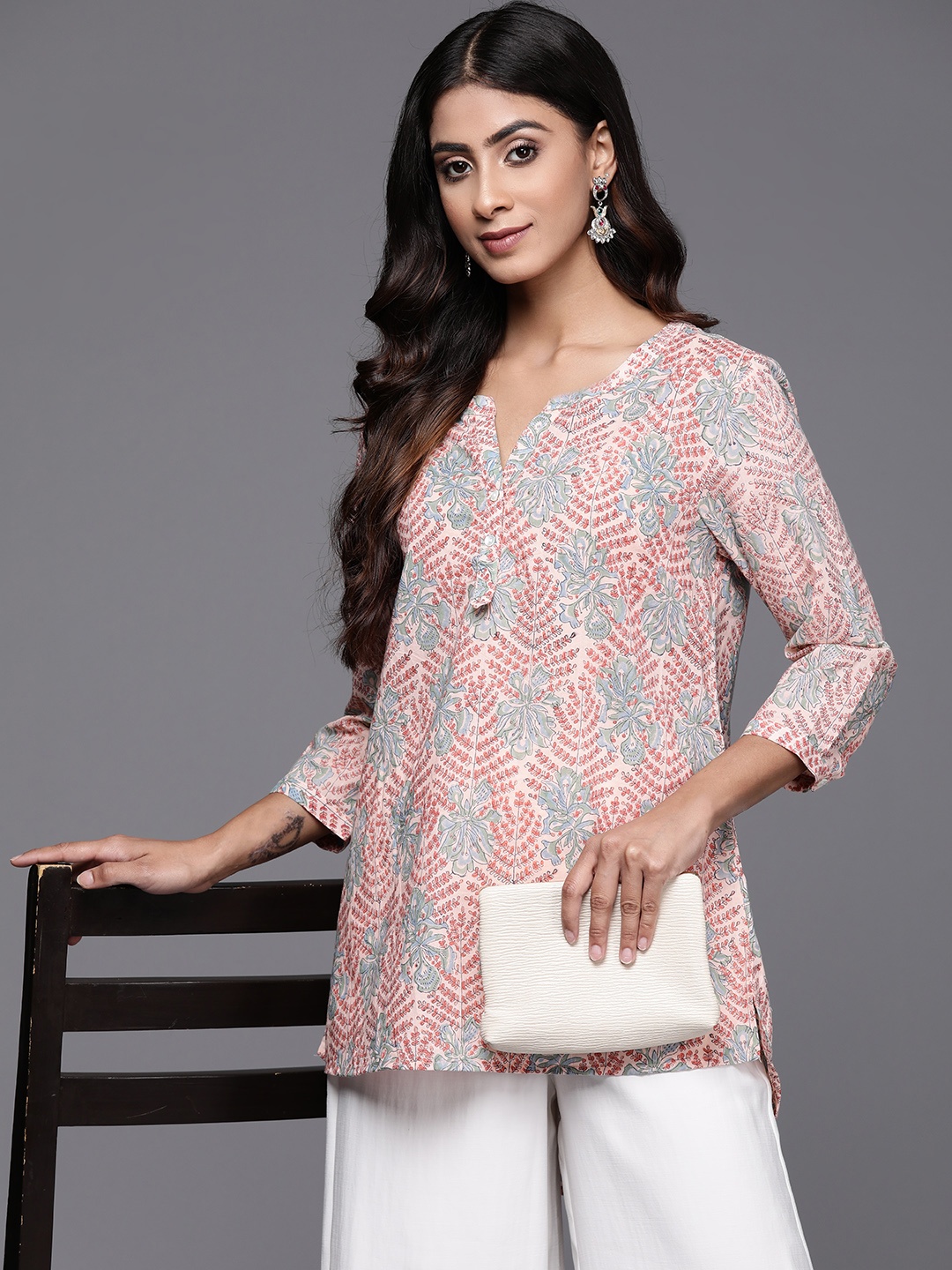 

Fabindia Ethnic Motifs Hand Block Print Pure Cotton Kurti, Pink