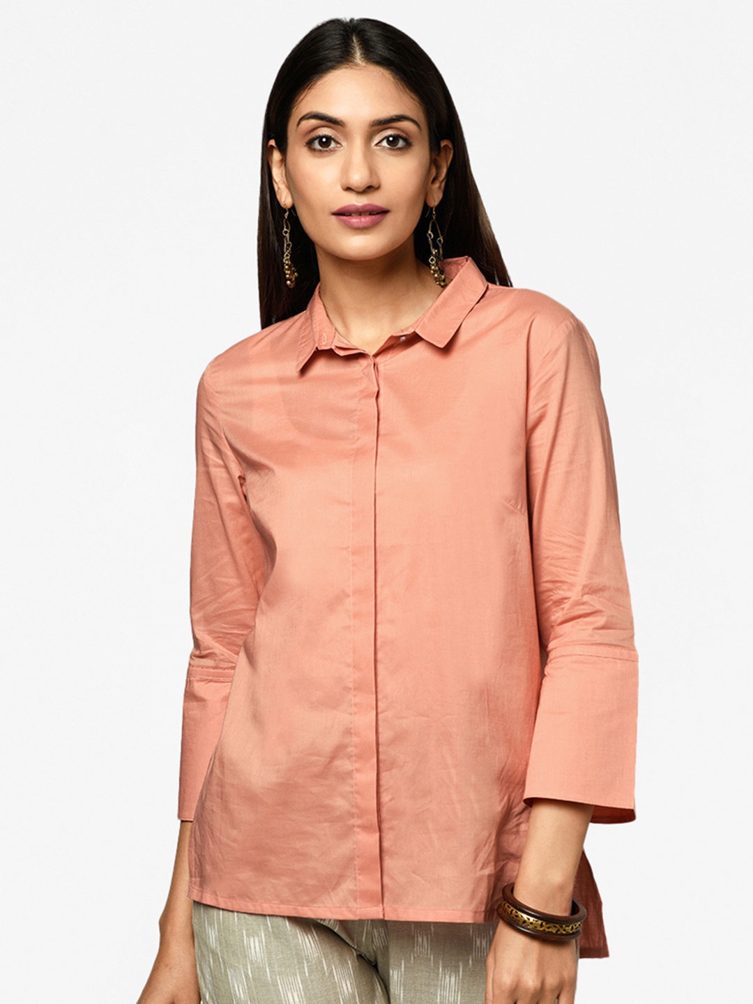 

Fabindia Women Peach Colored Solid Pure Cotton Casual Shirt