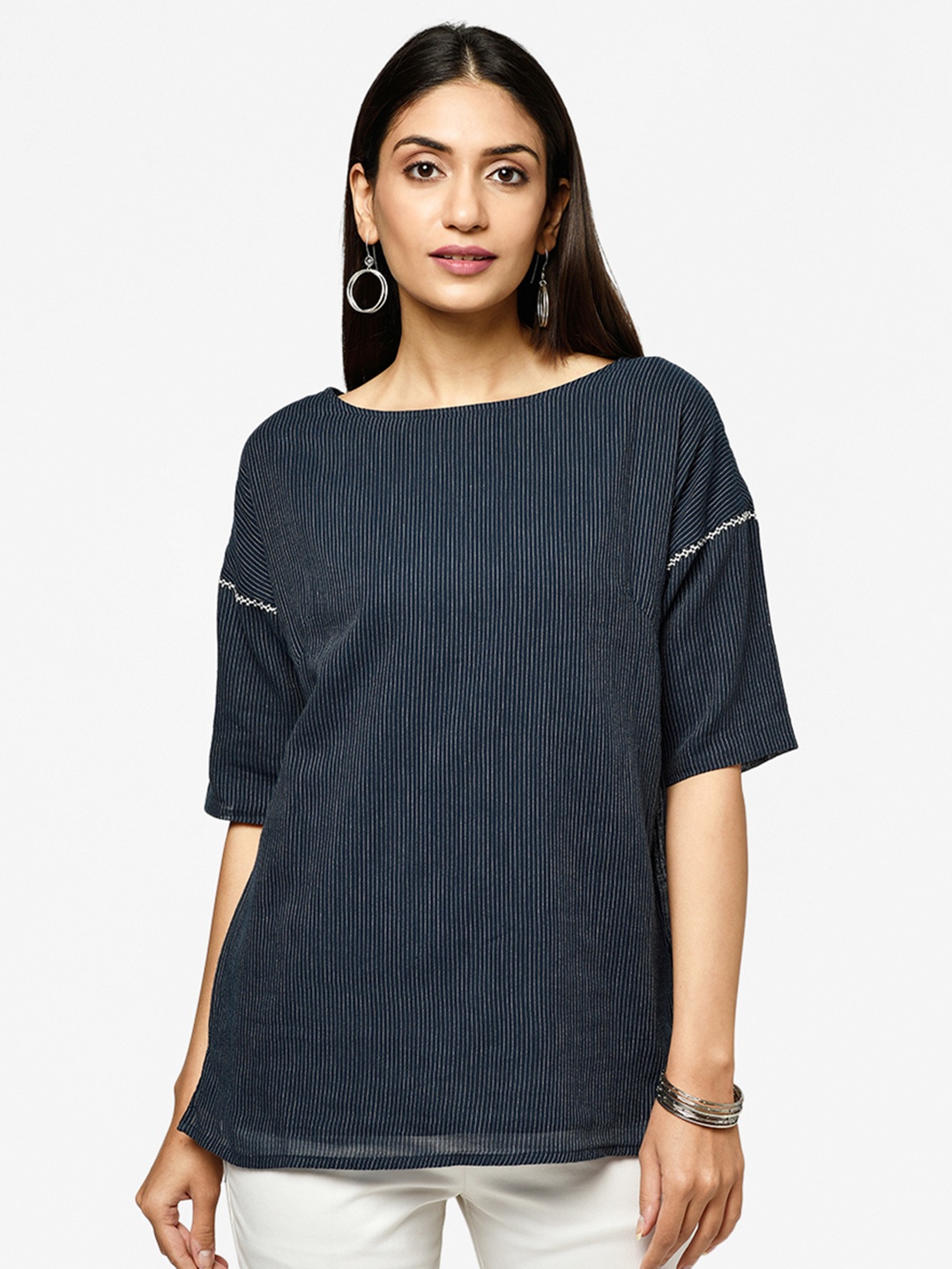 

Fabindia Navy Blue & Off White Pure Cotton Striped Regular Top