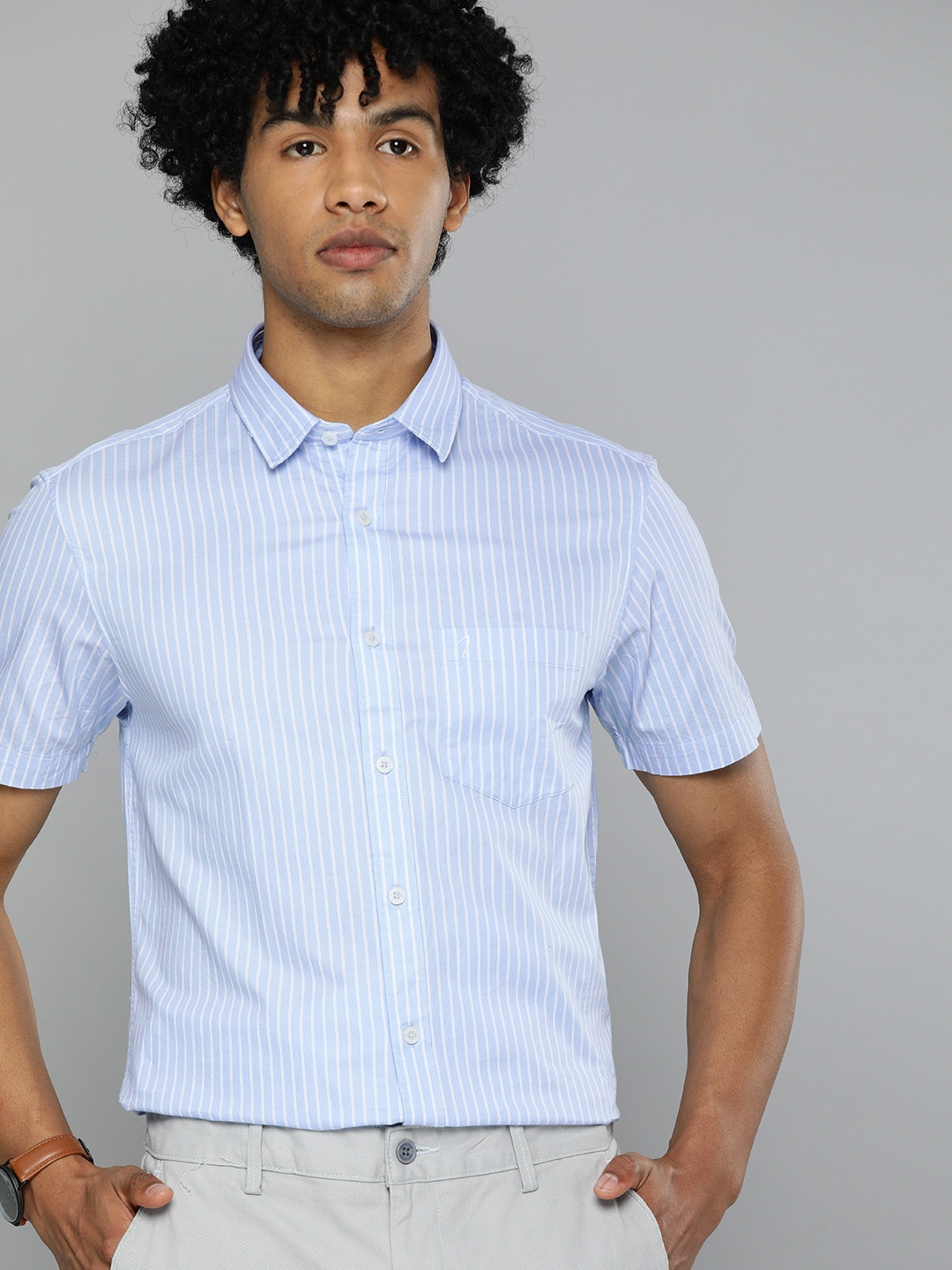 

Indian Terrain Men Blue & White Chiseled Slim Fit Striped Smart Casual Shirt