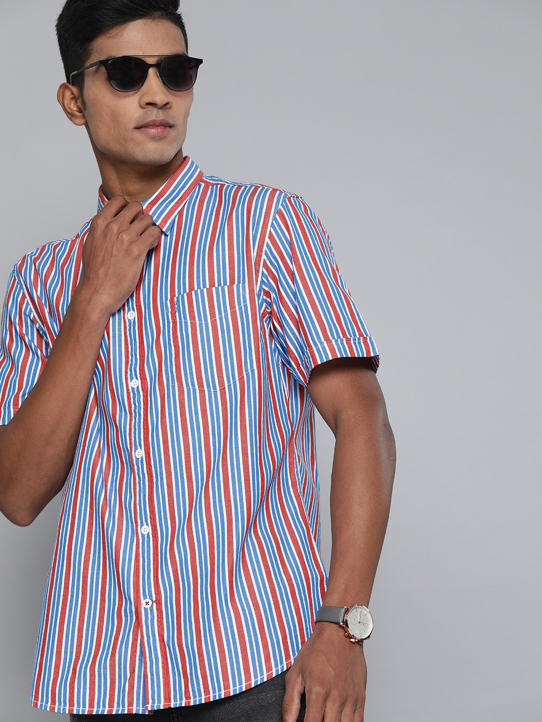 

Indian Terrain Men Blue &Red Slim Fit Striped Casual Shirt