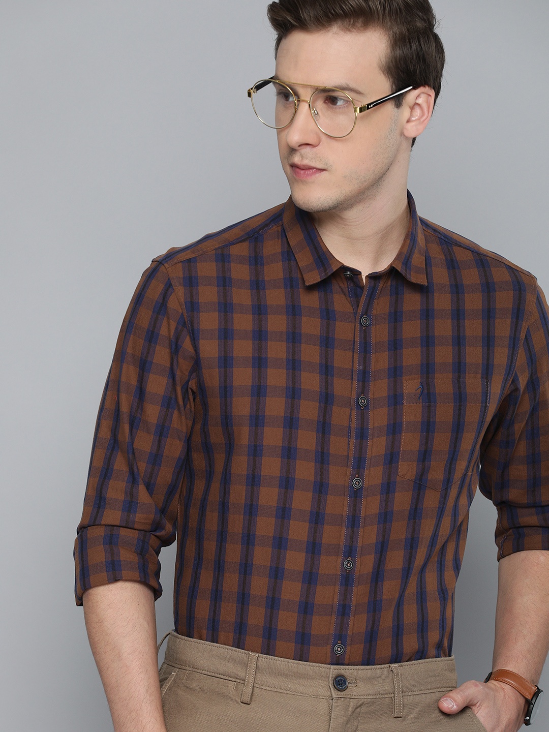 

Indian Terrain Men Rust Brown Chiseled Fit Checked Smart Casual Shirt