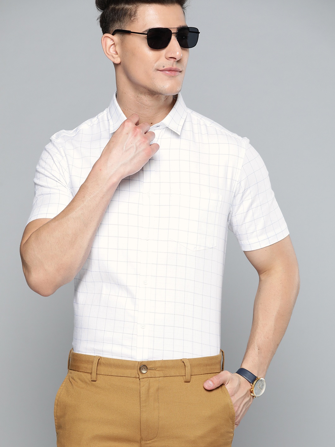 

Indian Terrain Men White Pure Cotton Slim Fit Grid Tattersall Checked Casual Shirt