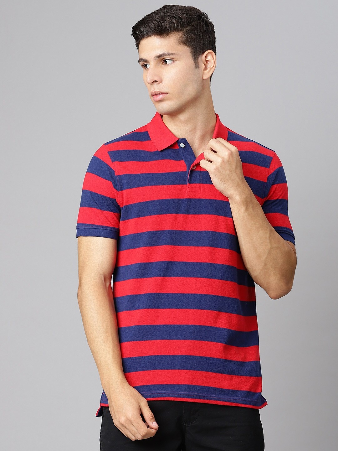 

Indian Terrain Men Red & Navy Blue Pure Cotton Striped Polo Collar T-shirt