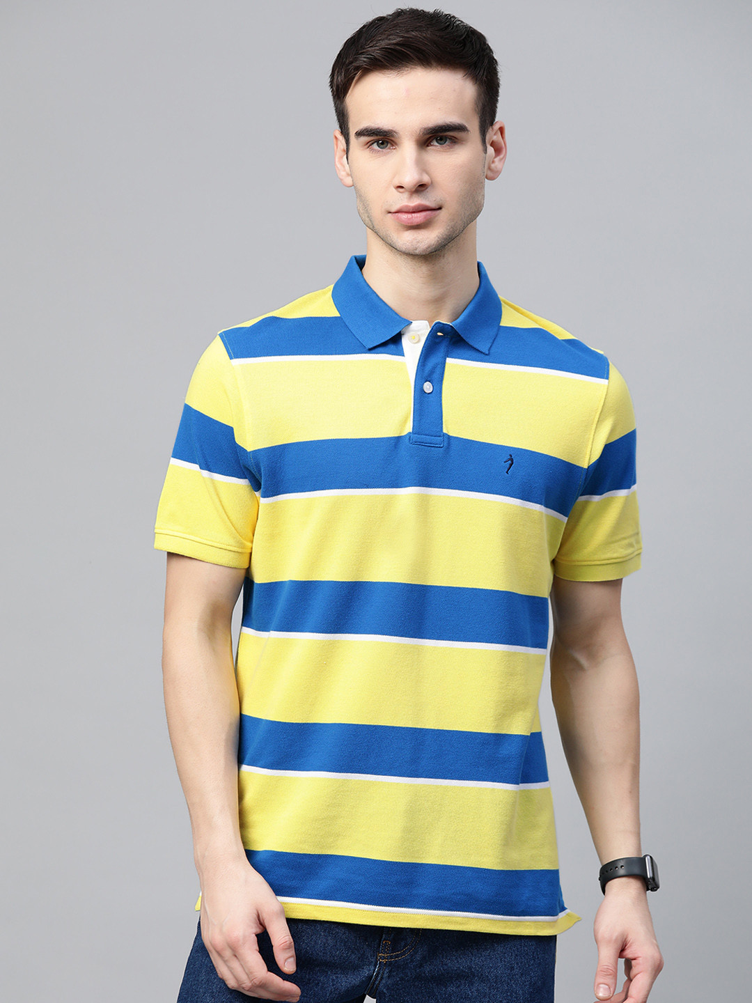 

Indian Terrain Men Yellow Blue Striped Polo Collar Pure Cotton T-shirt
