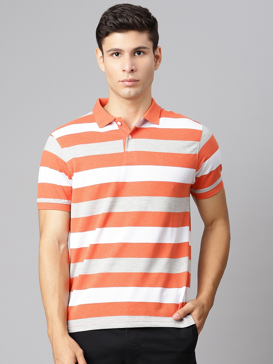 

Indian Terrain Men Orange & White Striped Polo Collar T-shirt