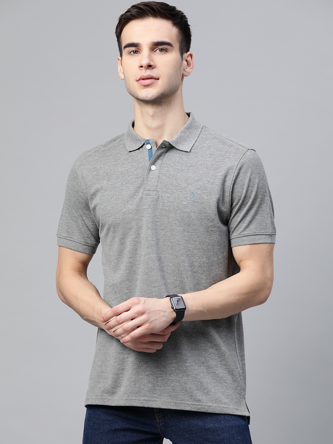 

Indian Terrain Men Grey Solid Pure Cotton Polo Collar T-Shirt