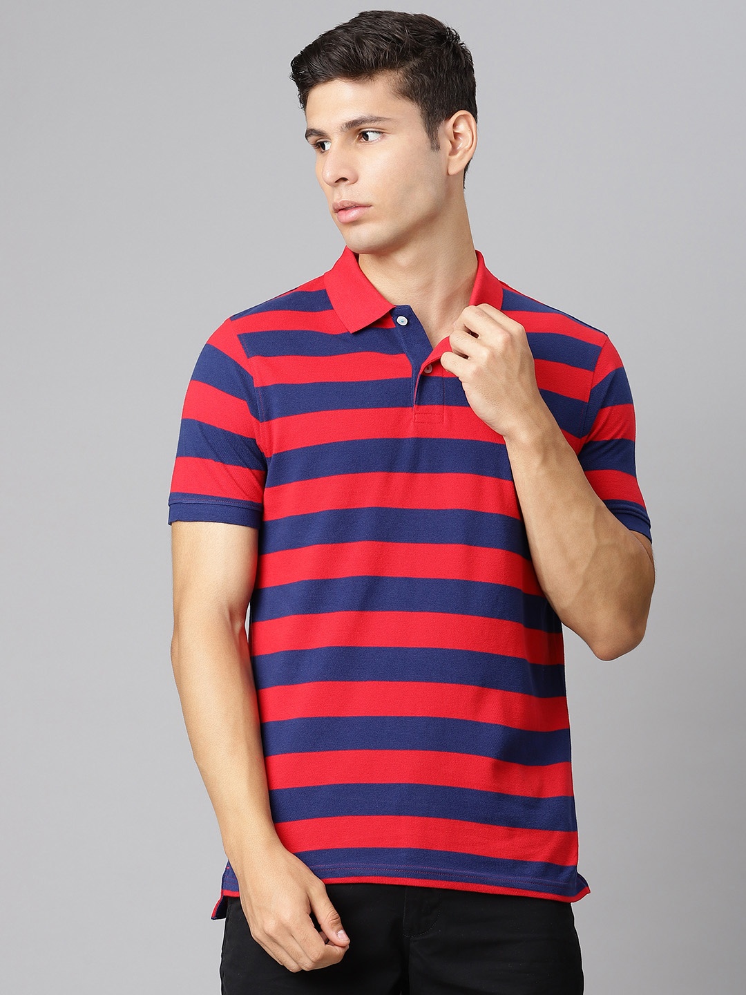 

Indian Terrain Men Red & Navy Blue Pure Cotton Striped Polo Collar T-shirt