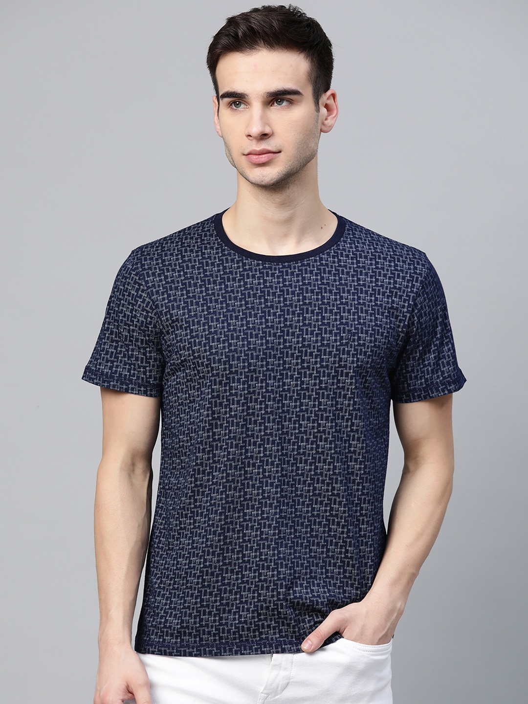 

Indian Terrain Men Navy Blue Printed Pure Cotton T-shirt