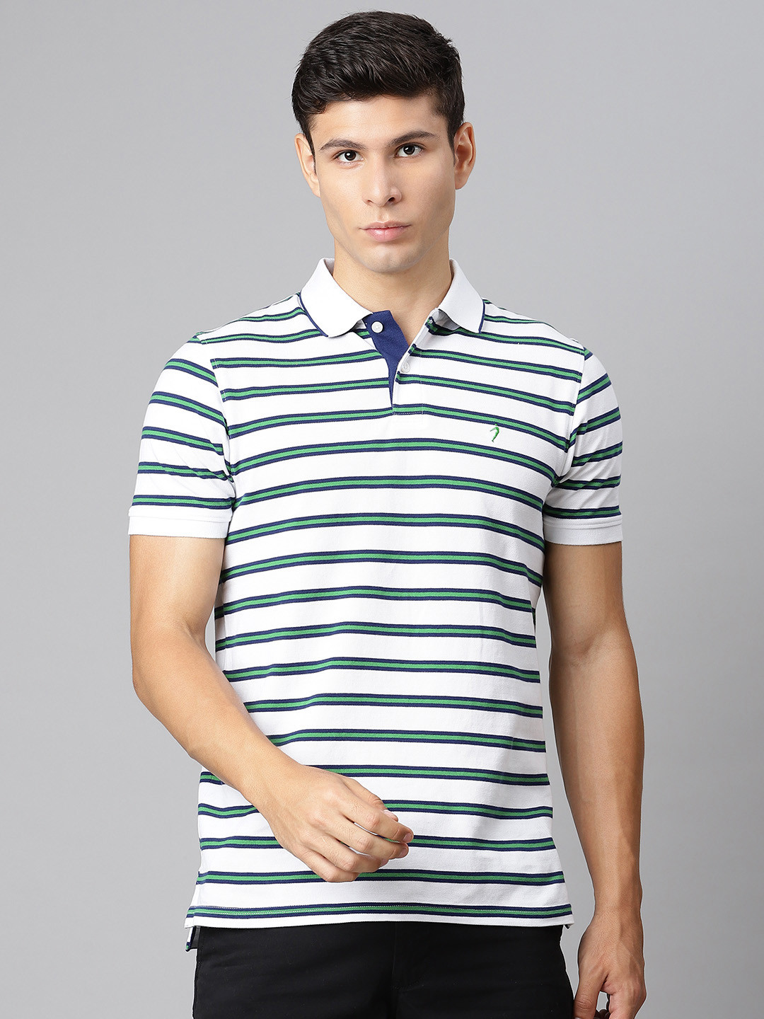 

Indian Terrain Men White & Green Pure Cotton Striped Polo Collar T-shirt