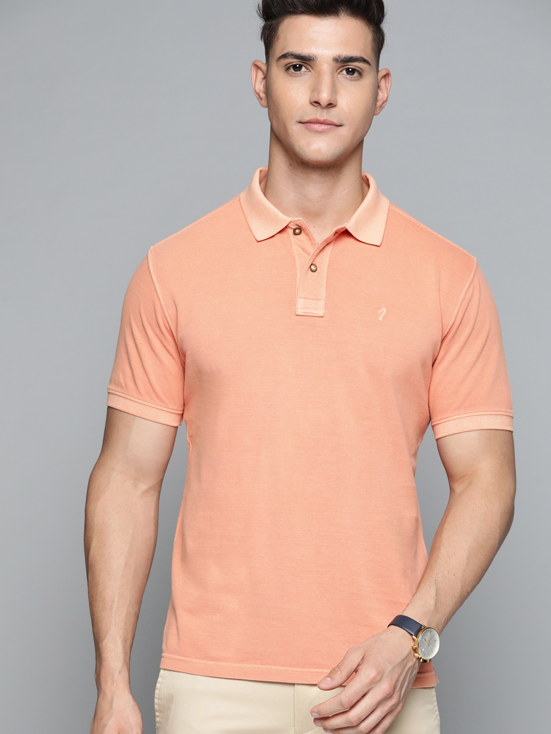 

Indian Terrain Men Peach-Coloured Pure Cotton Solid Polo Collar T-shirt