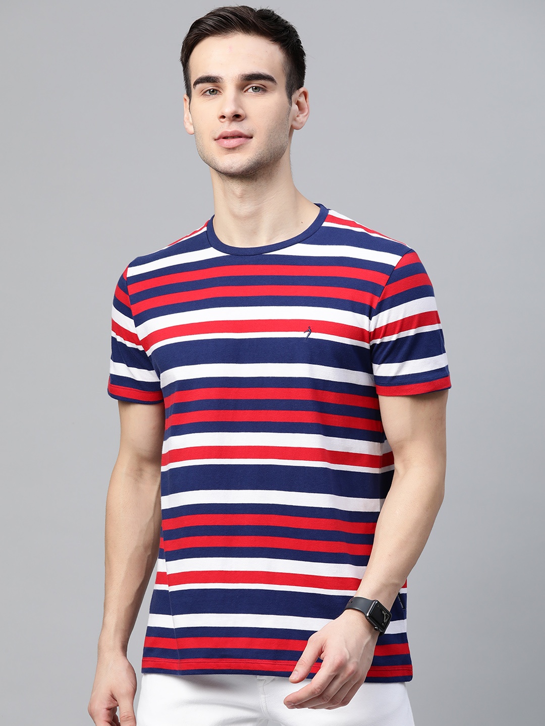 

Indian Terrain Men Navy Blue Red Striped Pure Cotton T-shirt