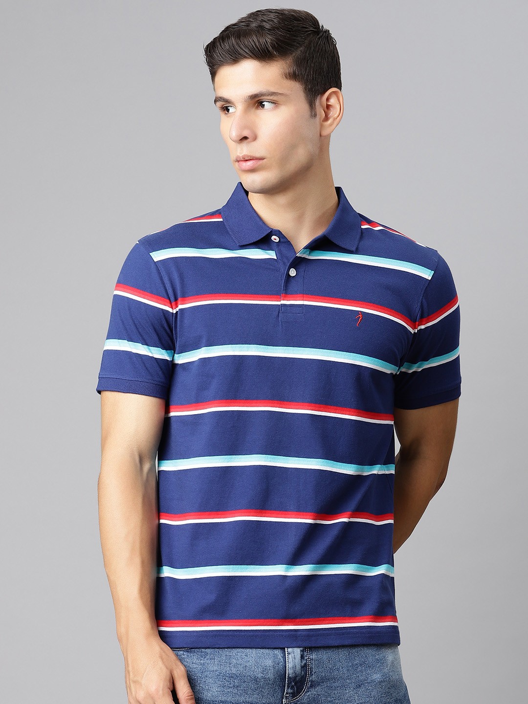 

Indian Terrain Men Navy Blue & White Pure Cotton Striped T-shirt