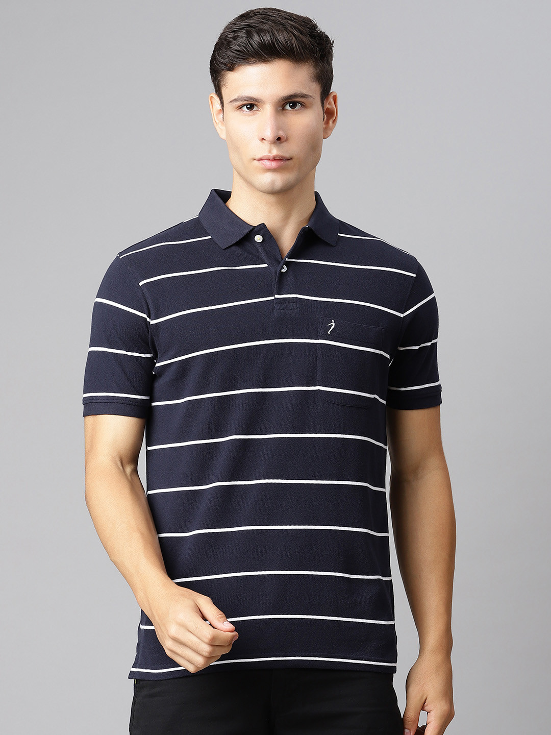 

Indian Terrain Men Navy Blue & White Pure Cotton Striped Polo Collar T-shirt