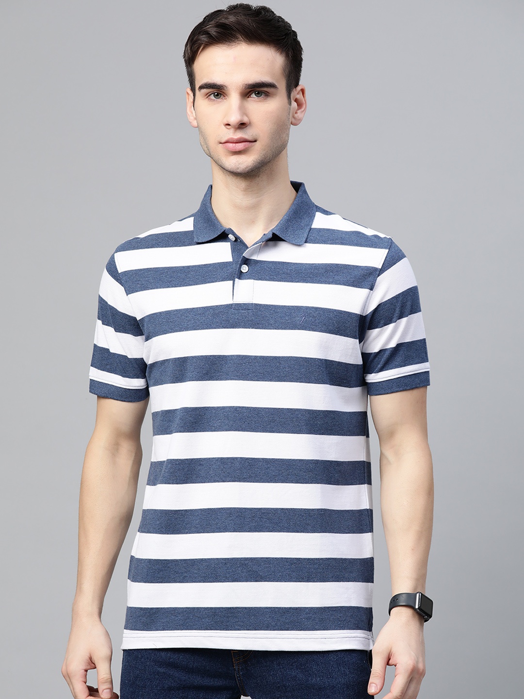 

Indian Terrain Men Navy Blue & White Striped Polo Collar T-shirt