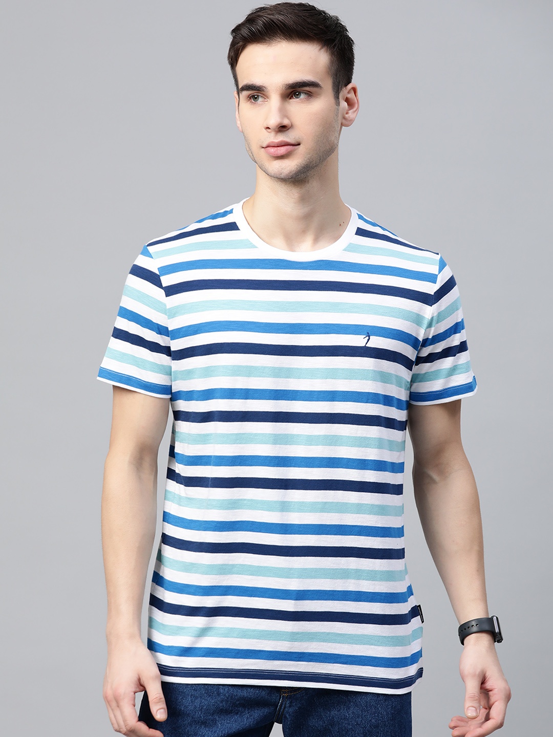 

Indian Terrain Men Blue White Striped Pure Cotton T-shirt