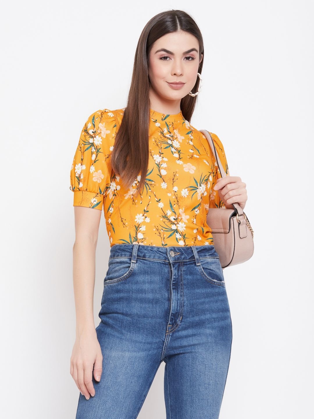 

Uptownie Lite Floral Print Stretchable High Neck Top, Mustard