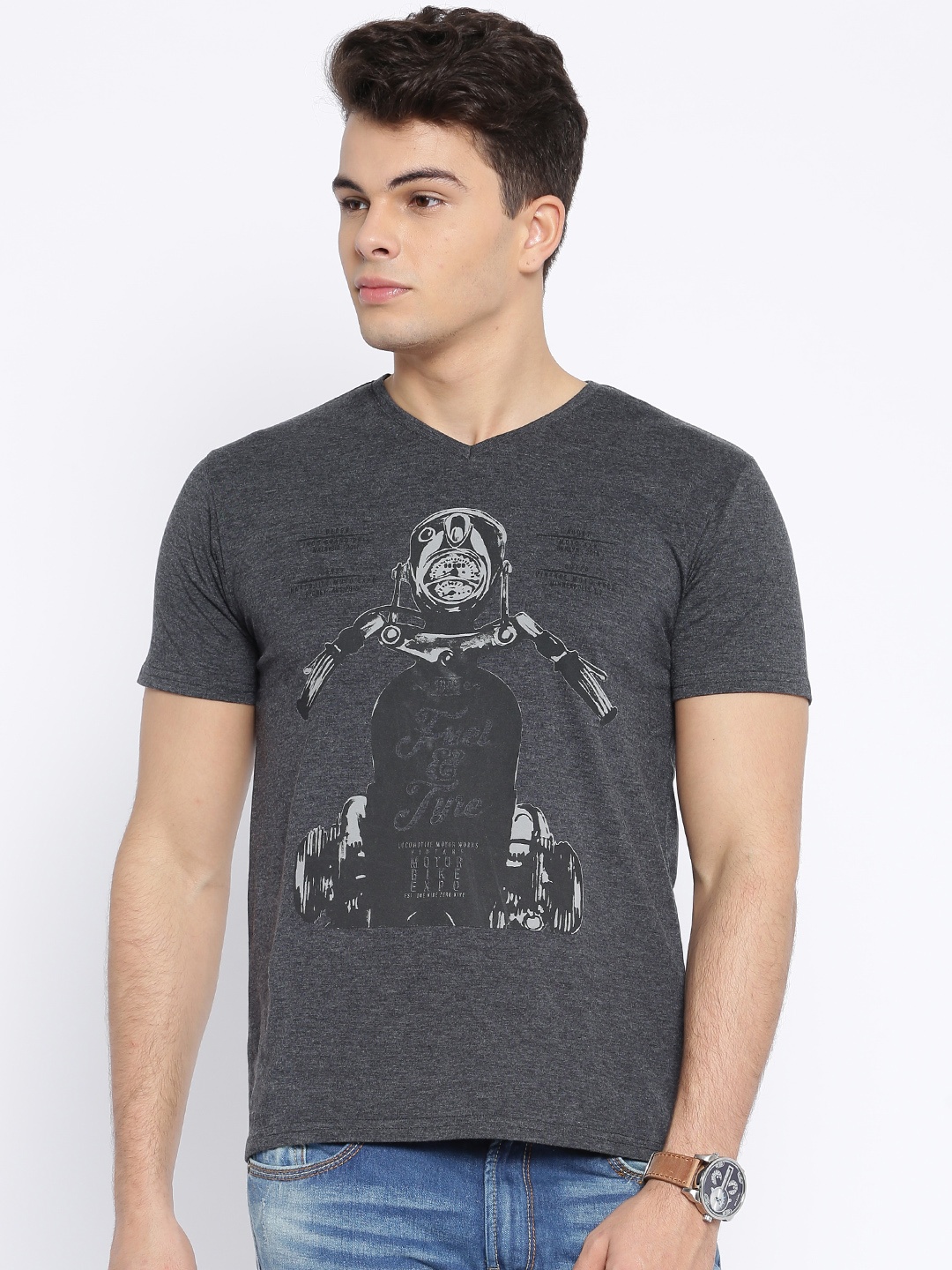 

Locomotive Charcoal Grey Melange Printed T-shirt