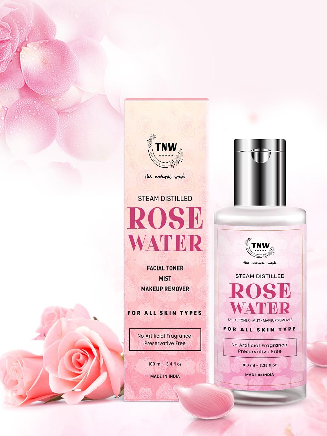 

TNW the natural wash Skin Face Toner & Make up Remover - Steam Distilled Rose Water 100 ml, Pink