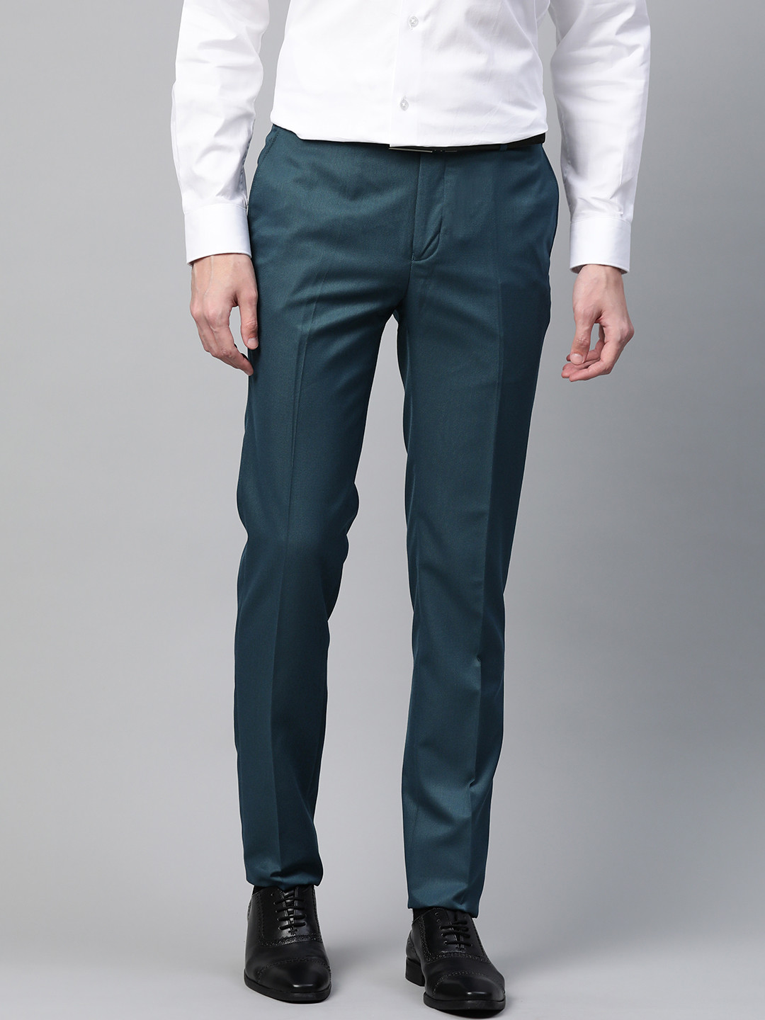 

Raymond Men Teal Green Solid Slim Fit Formal Trousers