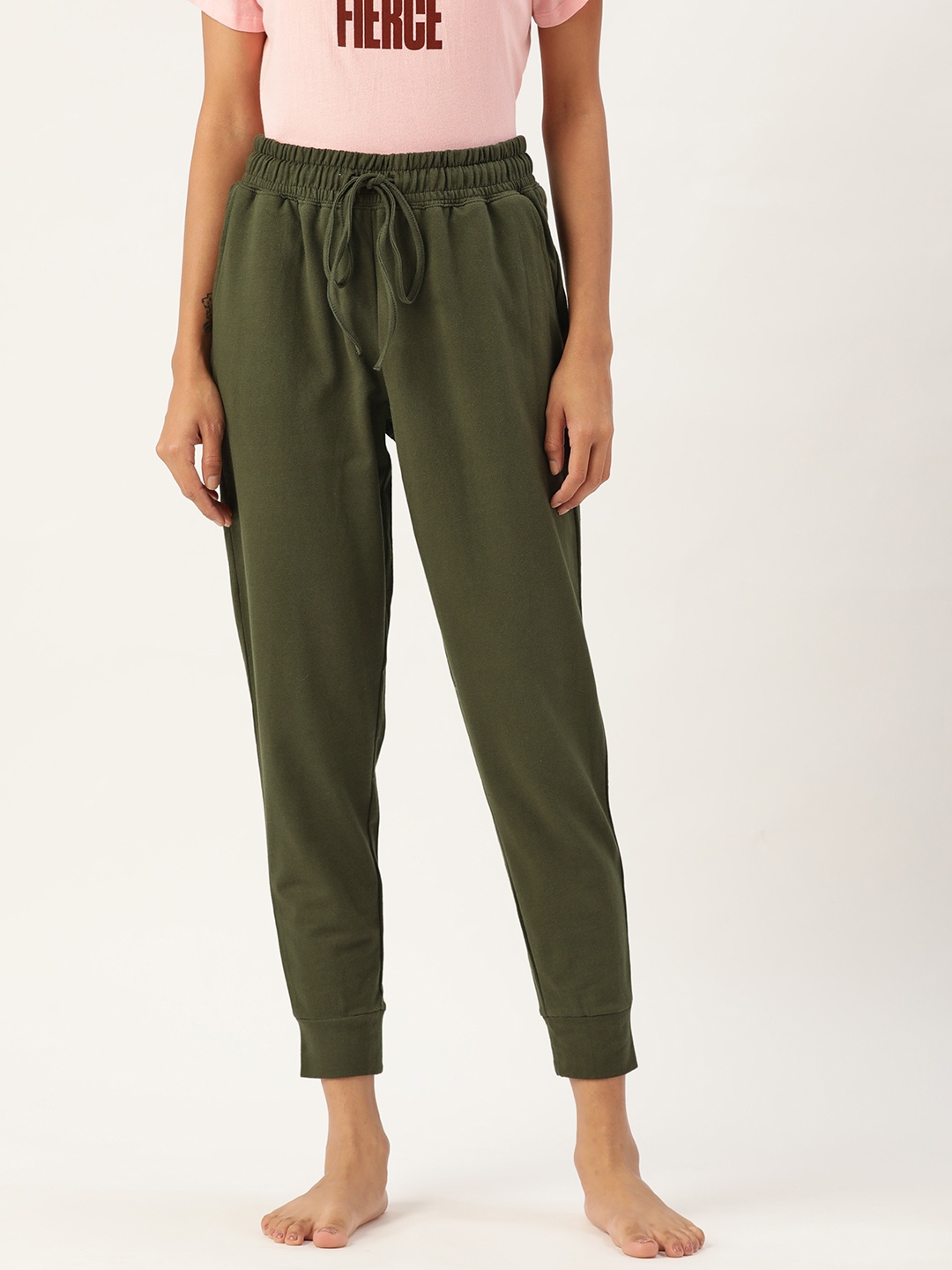 

ETC Women Olive Green Solid Pure Cotton Lounge Pants