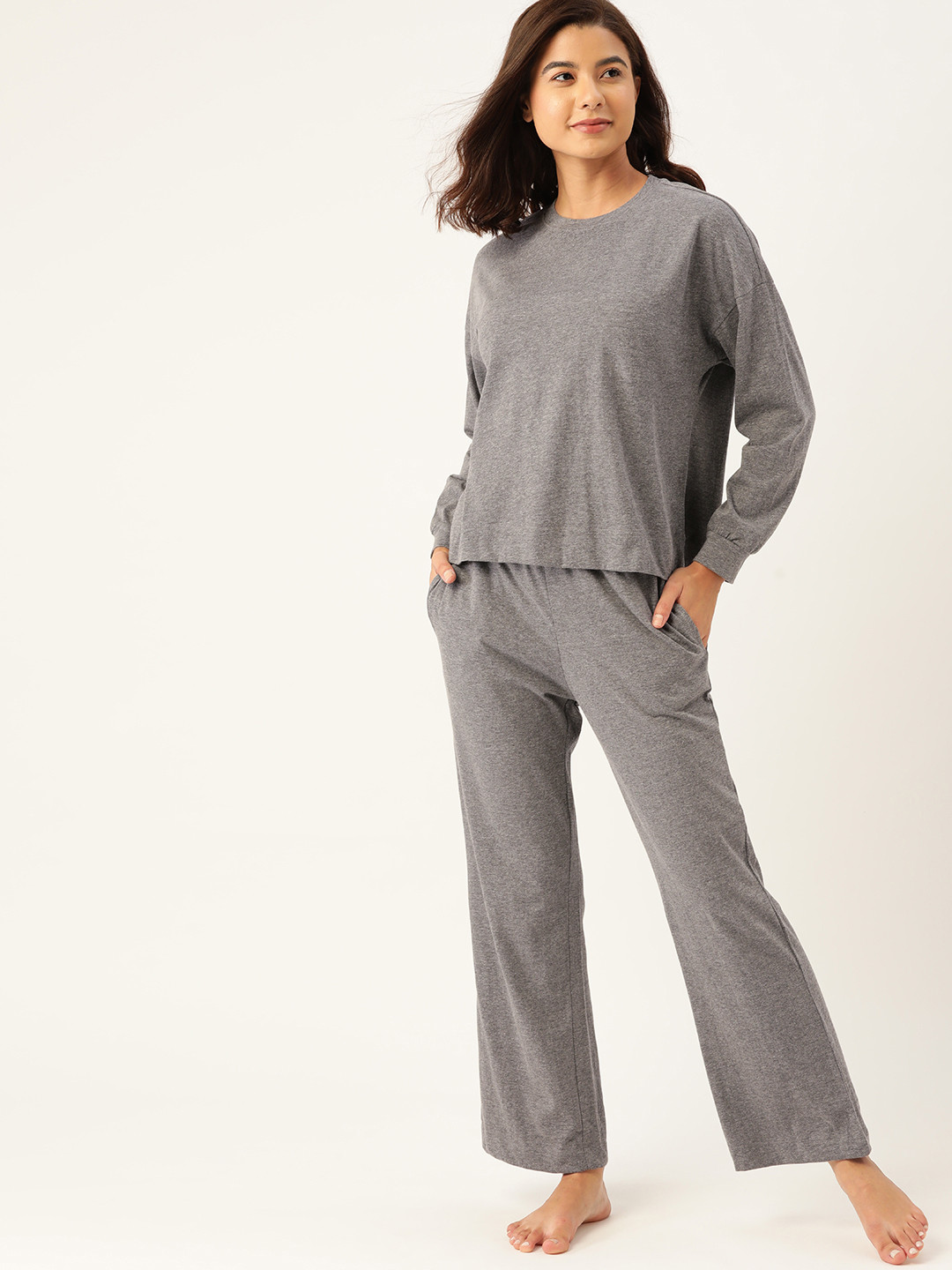 

ETC Women Charcoal Grey Melange Effect Solid Cotton Pyjamas Set