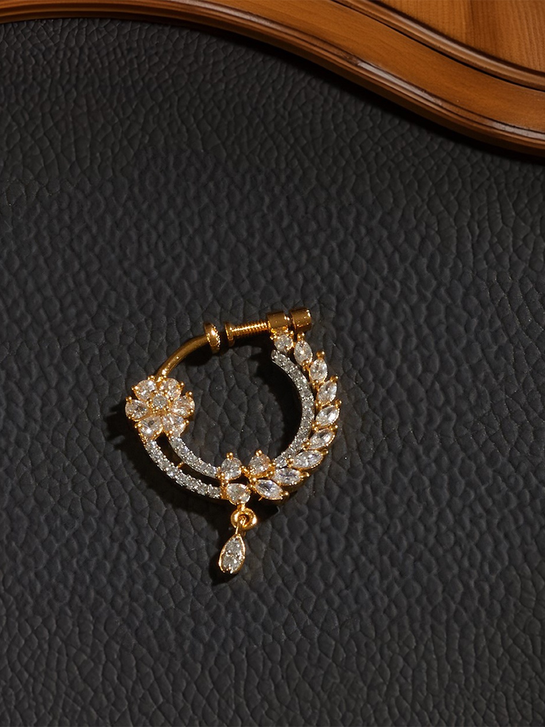 

Saraf RS Jewellery Gold-Plated White American Diamond-Studded Handcrafted Nose Ring