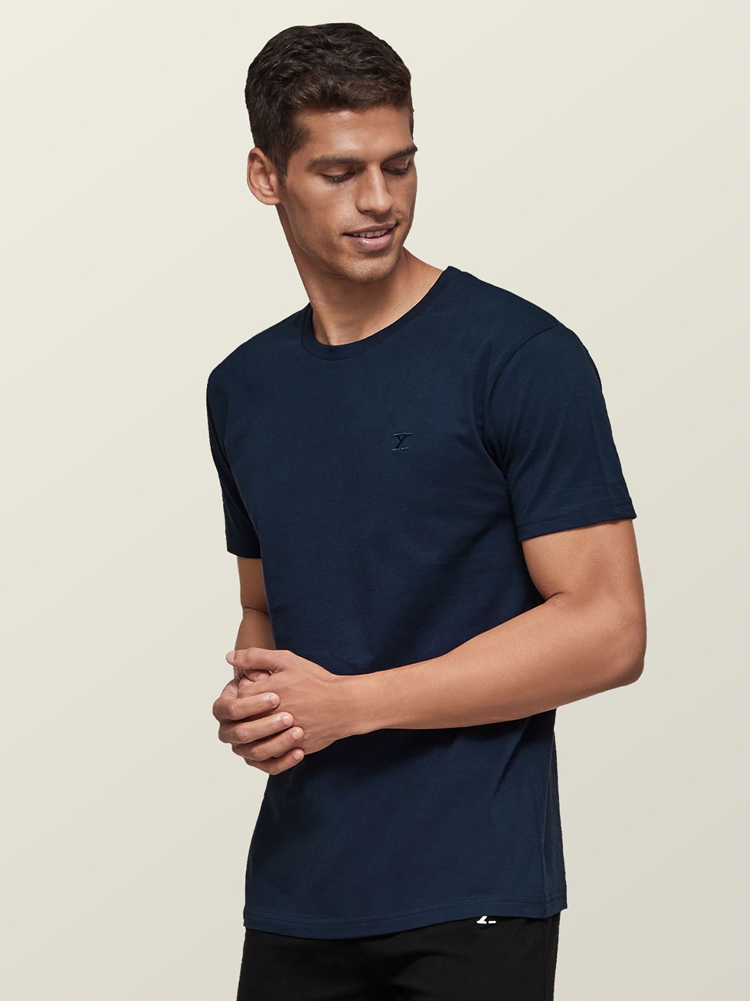 

XYXX Men Navy Blue Solid Antimicrobial Organic Cotton Sustainable Lounge O-Shirt