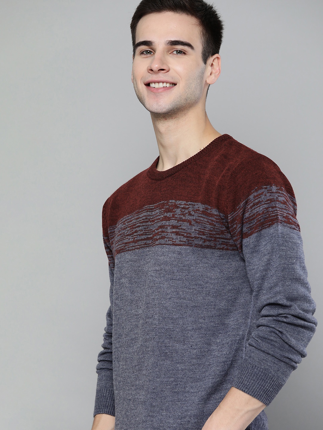 

Mast & Harbour Men Charcoal Grey & Maroon Colourblocked Pullover