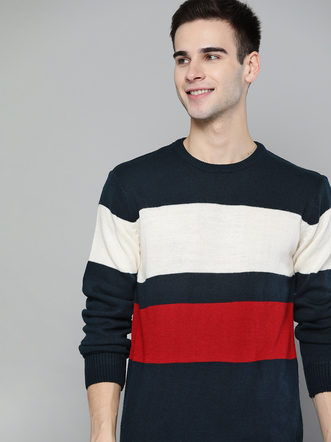 

Mast & Harbour Men Navy Blue & Off White Colourblocked Pullover