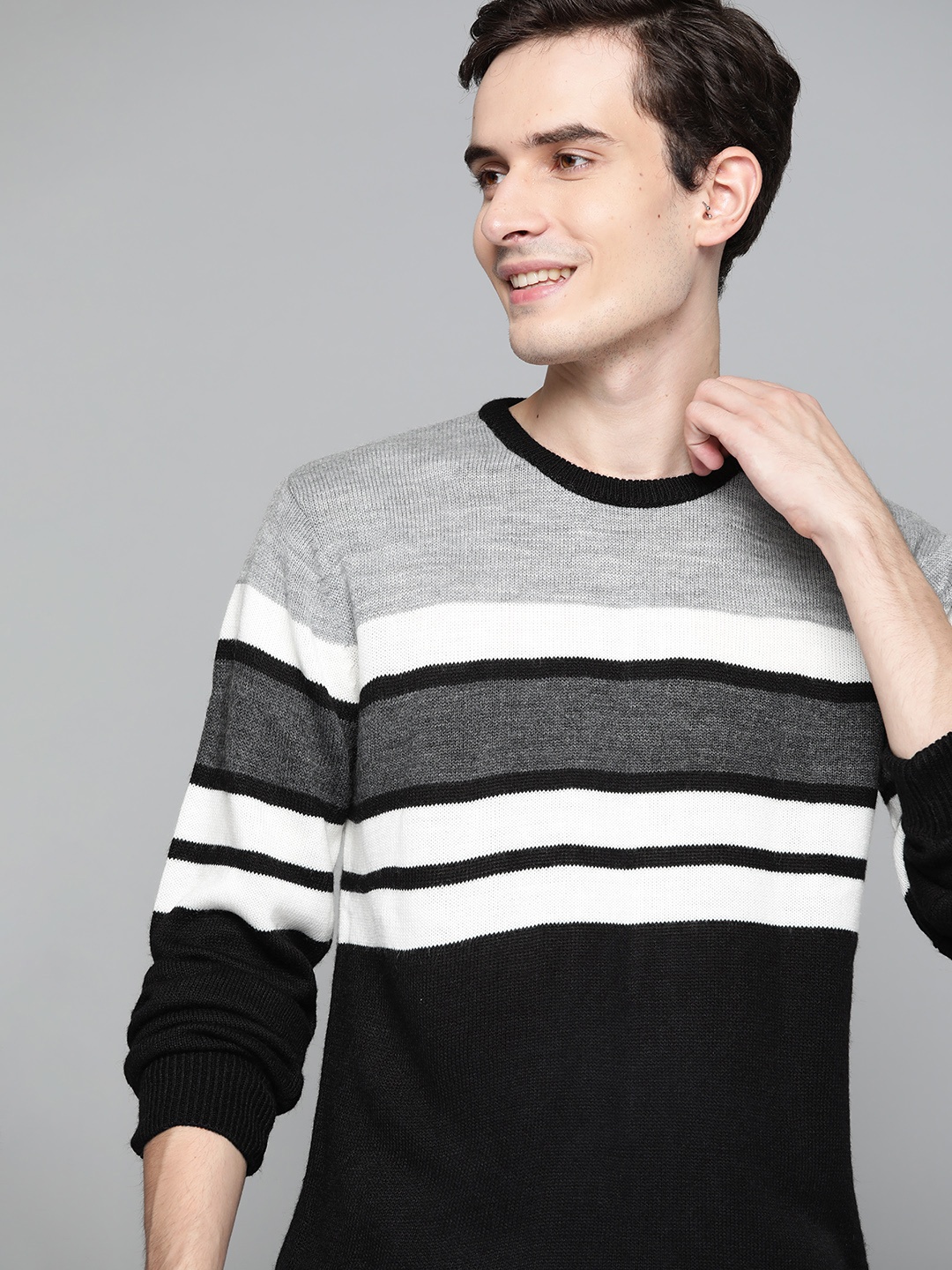 

Mast & Harbour Men Black & Grey Melange Striped Pullover