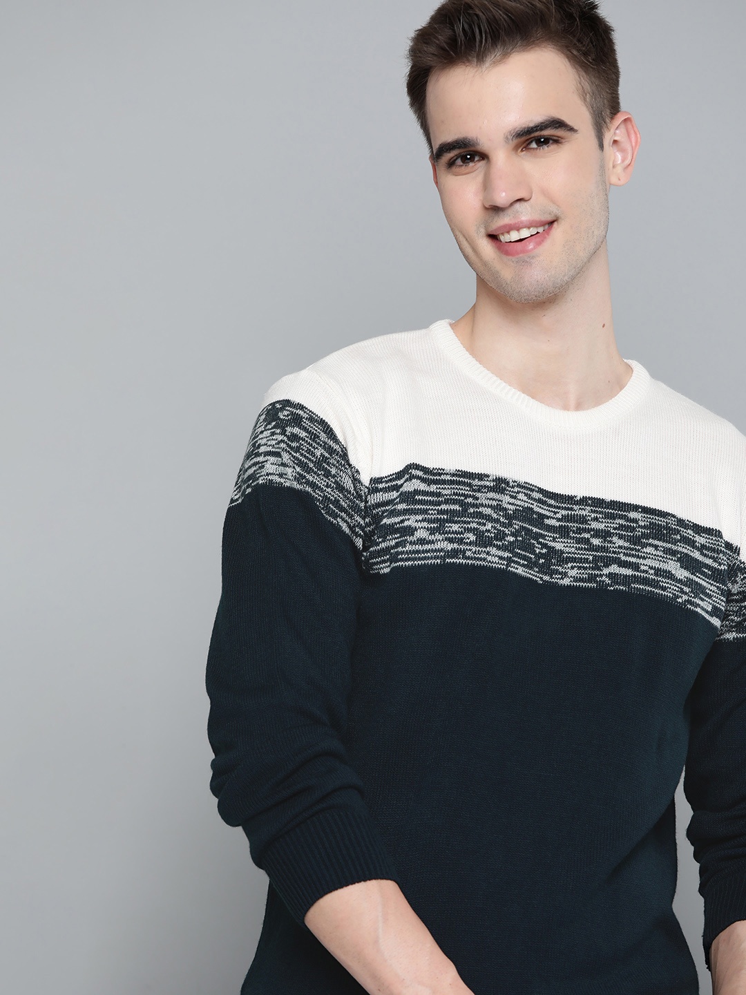 

Mast & Harbour Men Navy Blue & White Colourblocked Pullover
