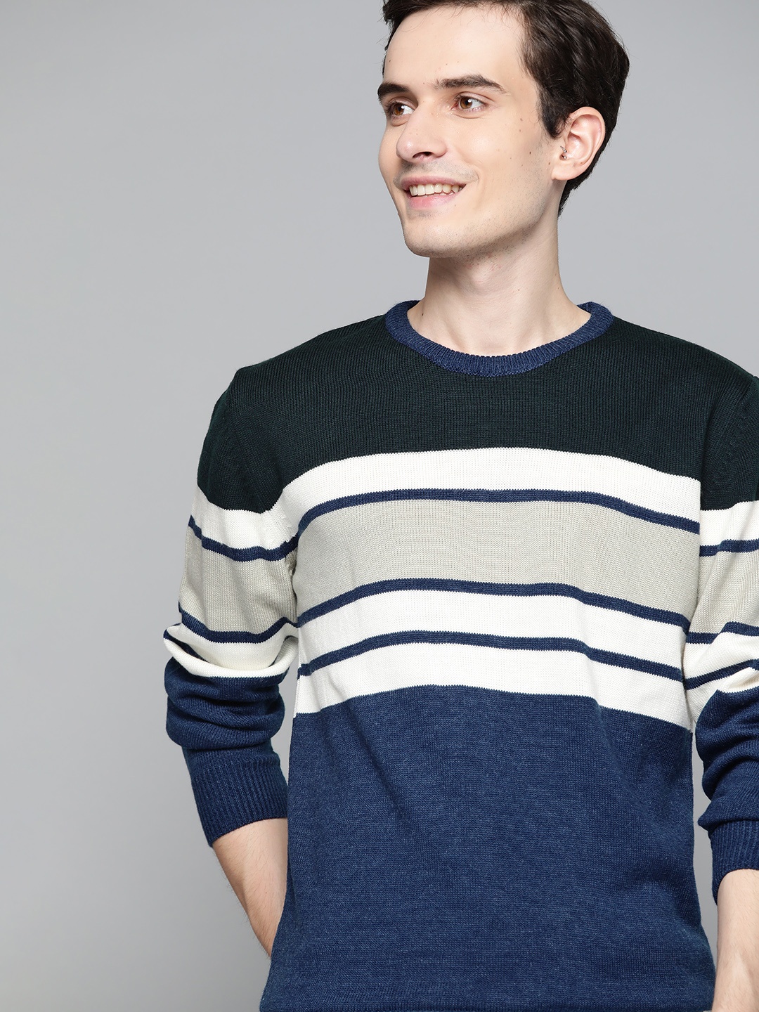 

Mast & Harbour Men Navy Blue & White Striped Pullover