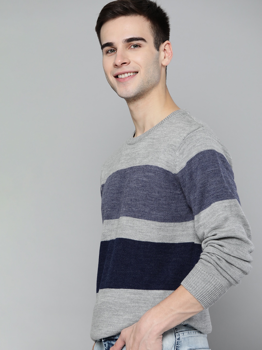 

Mast & Harbour Men Grey & Blue Striped Pullover