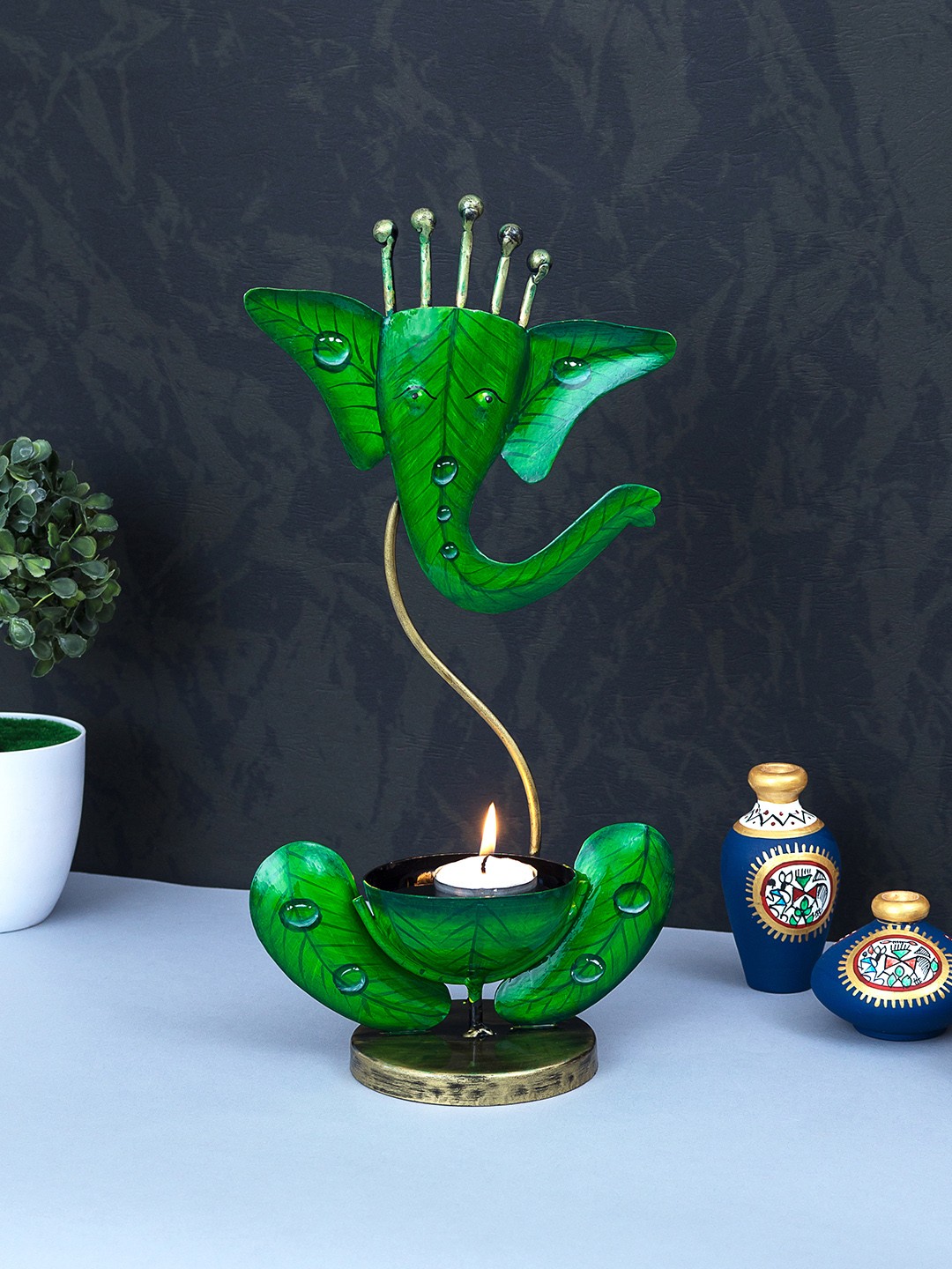 

Golden Peacock Green Handcrafted & Hand-Painted Ganesha Tea Light Candle Holder Showpiece