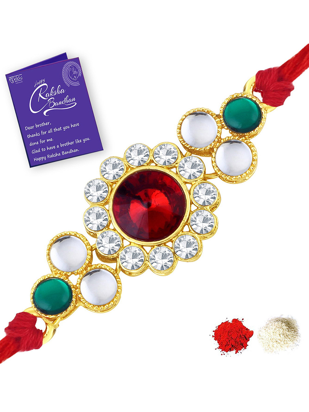 

Sukkhi Rakhi Men Gold-Plated Red & White Stone-Studded Rakhi With Roli Chawal & Greeting Card