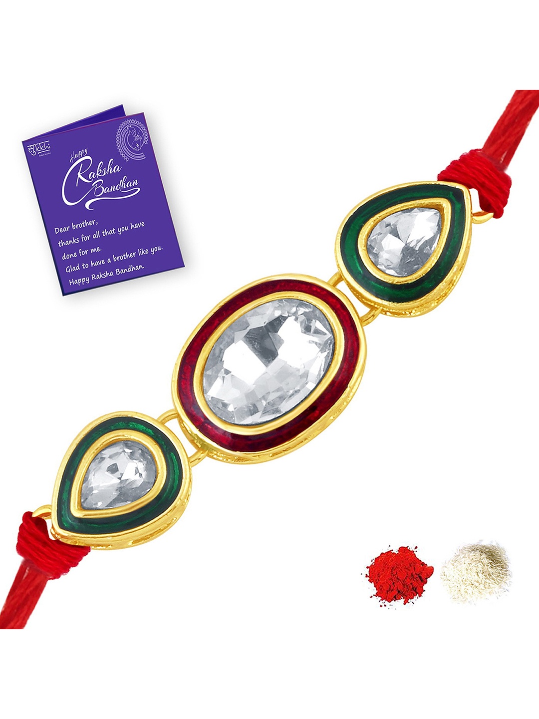 

Sukkhi Rakhi Men Gold-Plated Red & White Stone-Studded Meenakari Rakhi With Roli Chawal & Raksha Bandhan Greeting Card