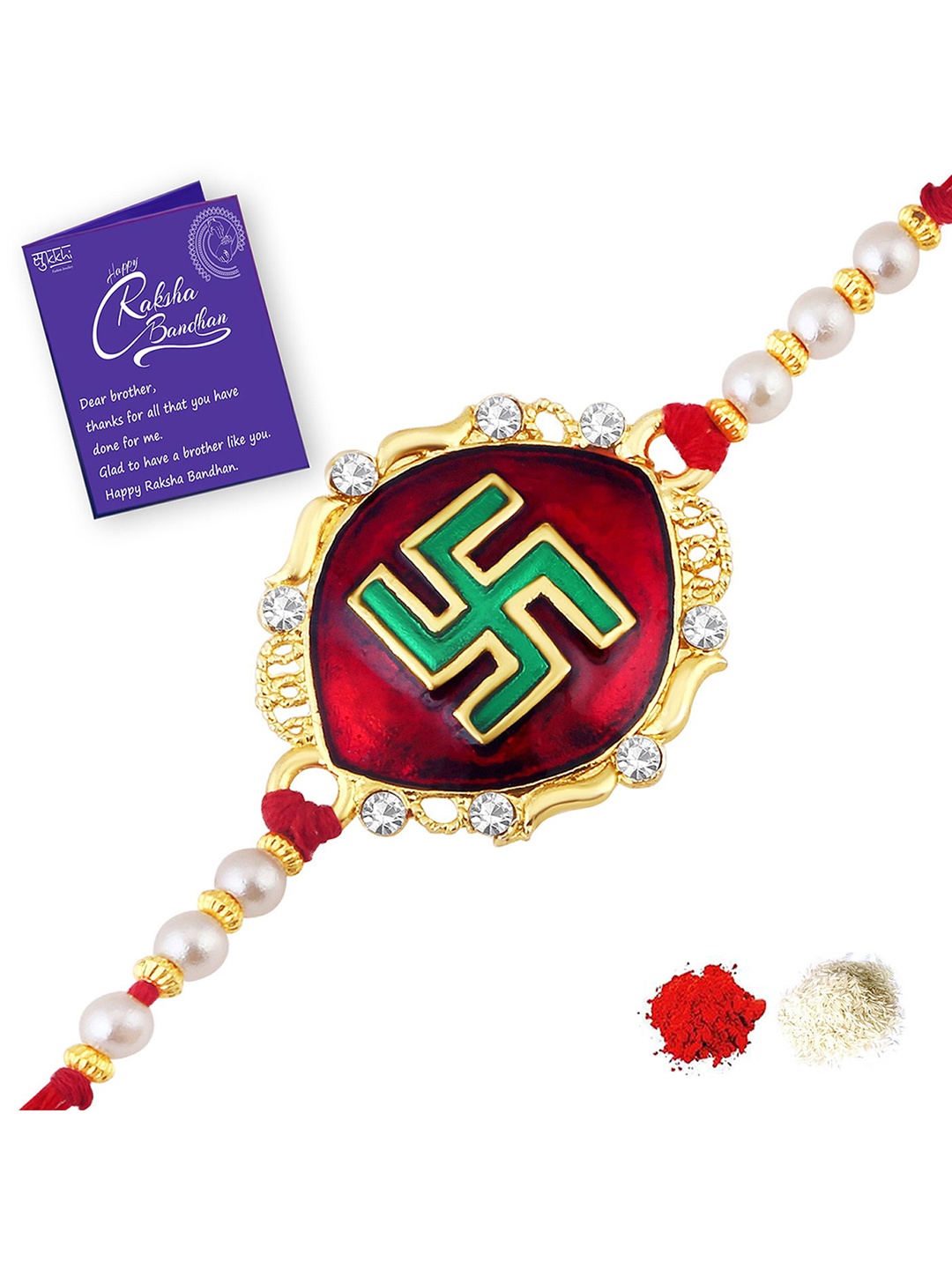 

Sukkhi Rakhi Men Gold-Plated Red & Green Stone-Studded & White Beaded Rakhi With Roli Chawal & Raksha Bandhan Greeting Card