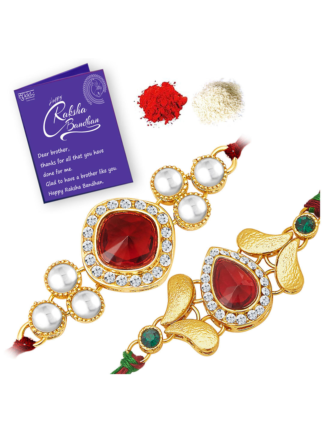 

Sukkhi Rakhi Men Set of 2 Gold-Toned Rakhi with Roli Chawal and Raksha Bandhan Greeting Card