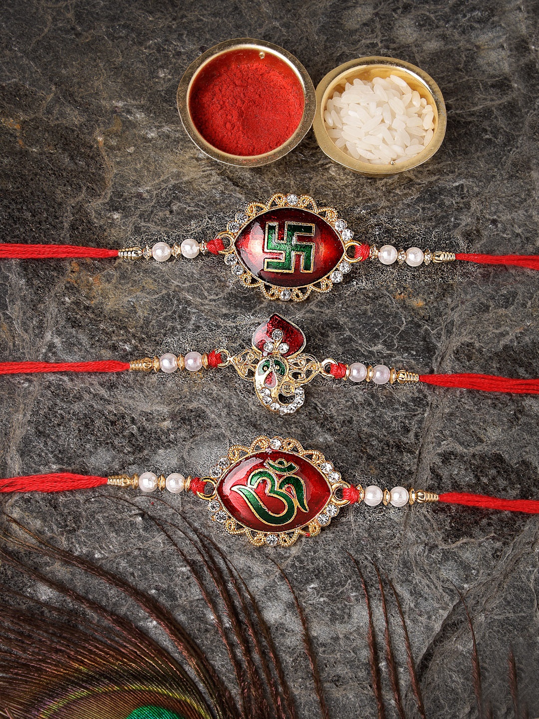 

Sukkhi Rakhi Men Set Of 3 Gold-Plated Red & White Stone-Studded Rakhi With Roli Chawal & Greeting Card