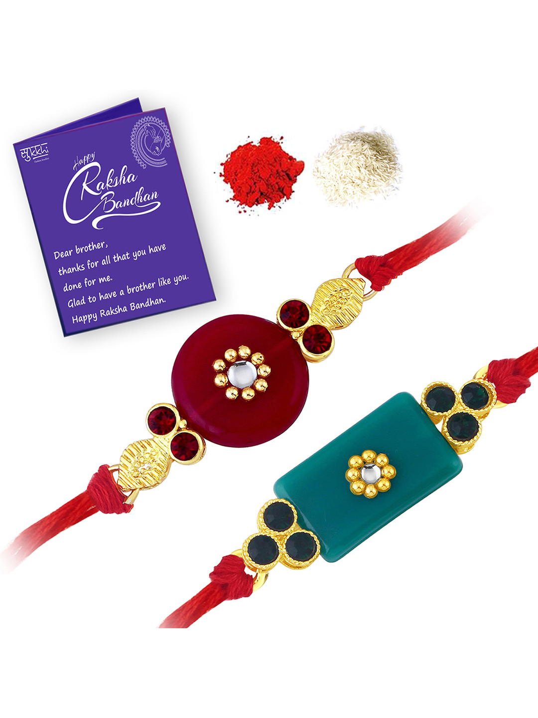 

Sukkhi Rakhi Men Set Of 2 Gold-Plated Maroon & Green Stone-Studded Rakhis With Roli Chawal & Raksha Bandhan Greeting Card