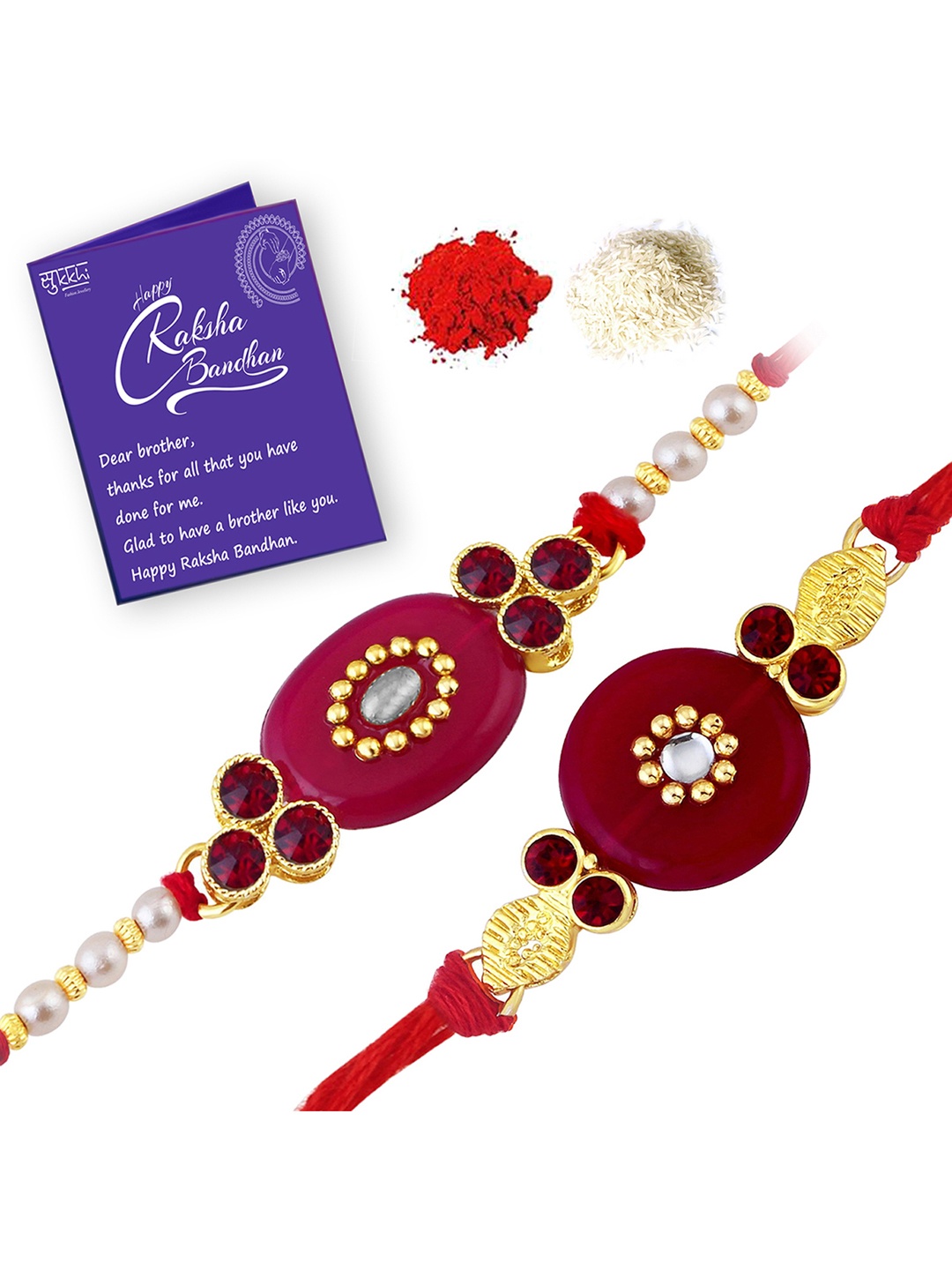 

Sukkhi Rakhi Men Set Of 2 Gold-Toned Red & White Stone-Studded Rakhi With Roli Chawal & Greeting Card