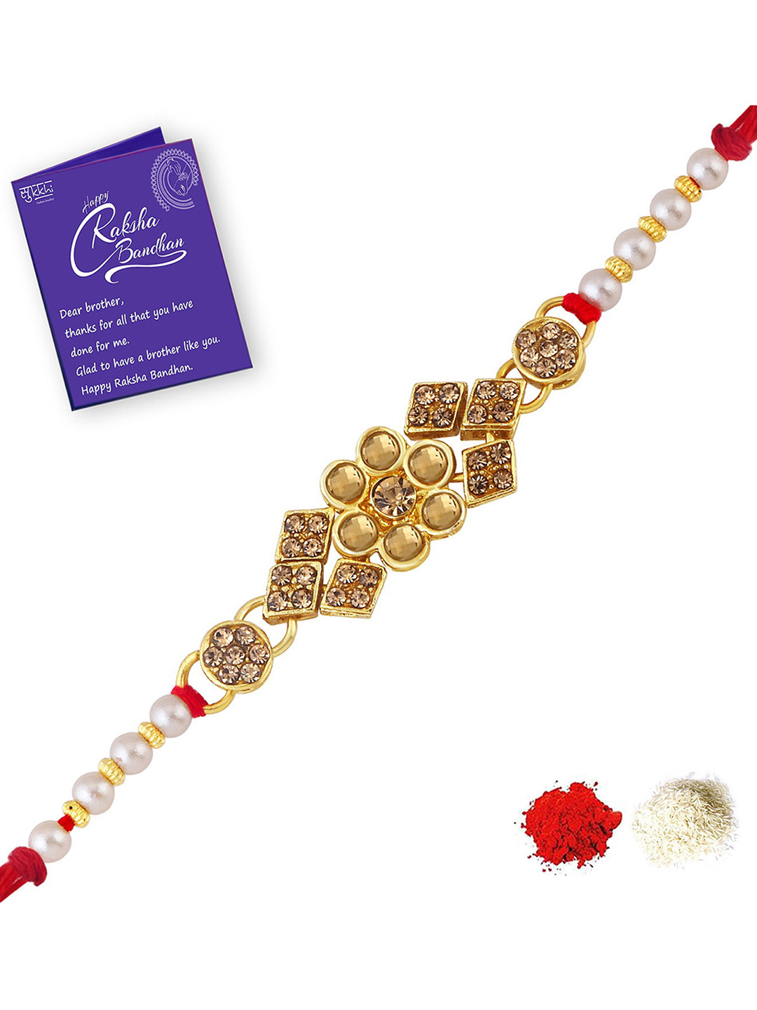 

Sukkhi Rakhi Men Gold-Plated Red & Beige Stone-Studded & Beaded Rakhi With Roli Chawal & Raksha Bandhan Greeting Card
