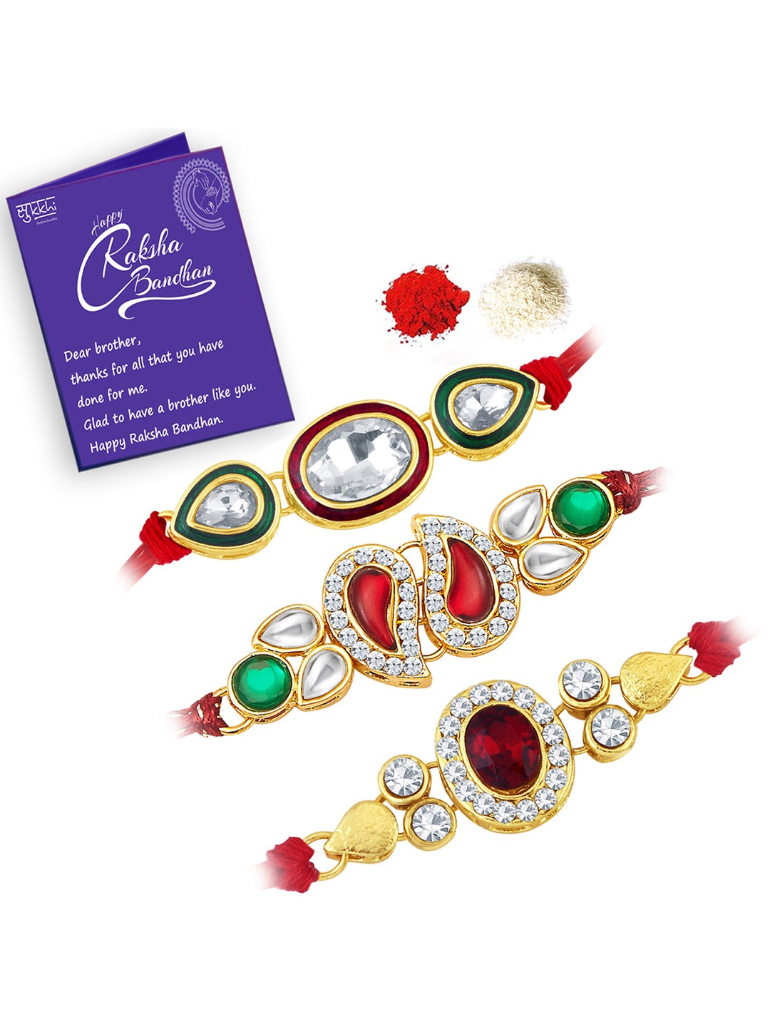 

Sukkhi Rakhi Men Set Of 3 Gold-Plated Red & White Stone-Studded Rakhis With Roli Chawal & Raksha Bandhan Greeting Card