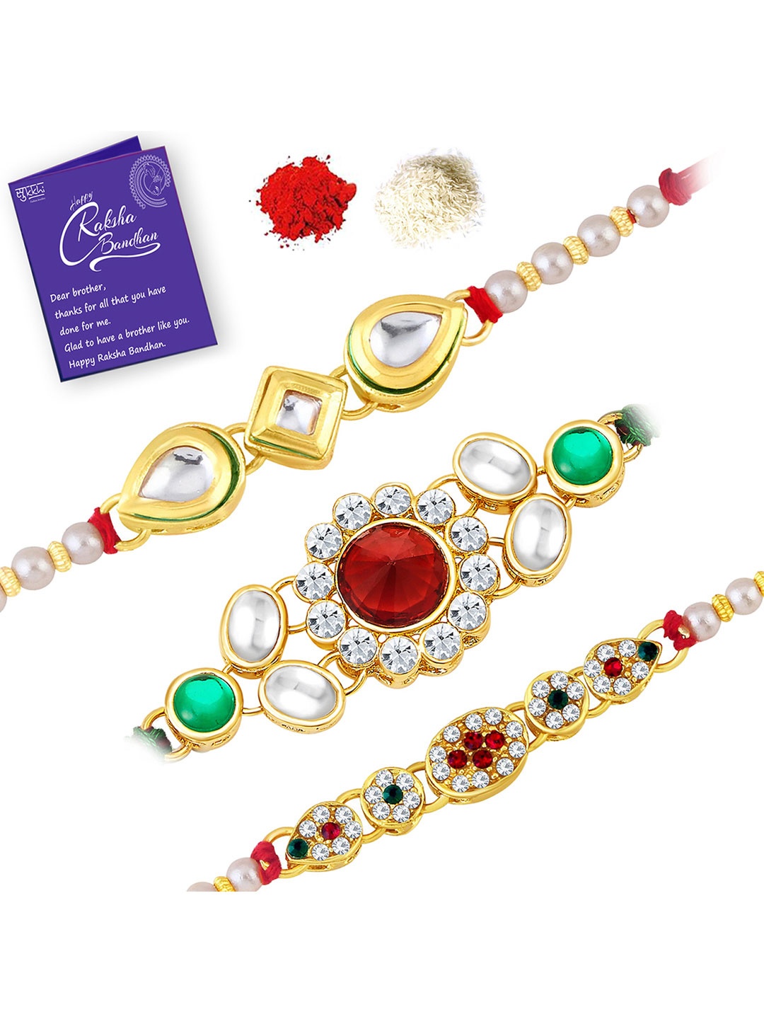 

Sukkhi Rakhi Men Set Of 3 Gold Plated Red & White Stone Studded Rakhi With Roli Chawal & Card