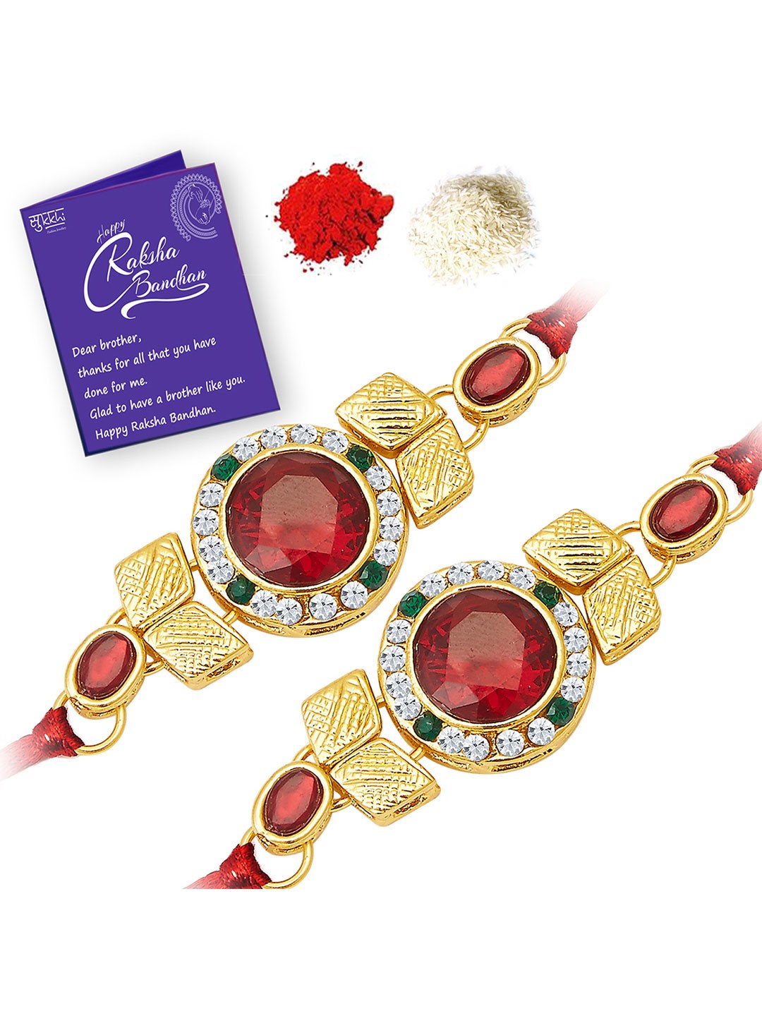 

Sukkhi Rakhi Men Set Of 2 Gold-Plated Red & White Stone-Studded Rakhis With Roli Chawal & Raksha Bandhan Greeting Card