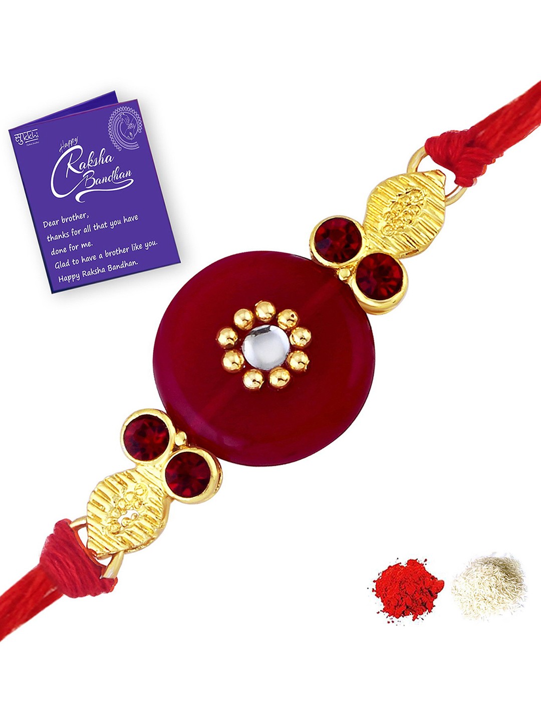 

Sukkhi Rakhi Men Gold-Plated Red & White Stone-Studded Rakhi With Roli Chawal & Greeting Card