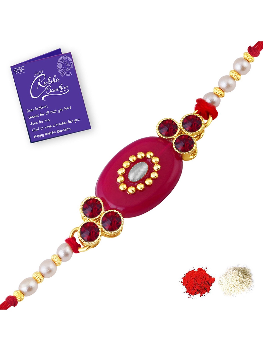 

Sukkhi Rakhi Men Gold-Plated Stone-Studded & Pearl-Beaded Rakhi With Roli Chawal & Greeting Card